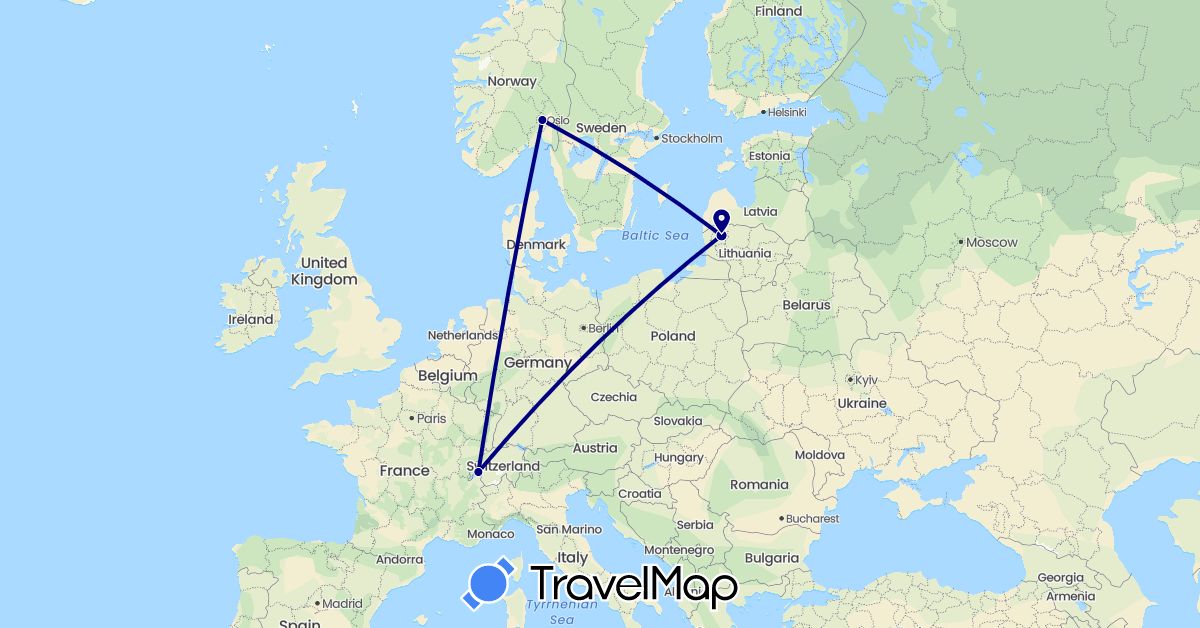 TravelMap itinerary: driving in Switzerland, Lithuania, Norway (Europe)